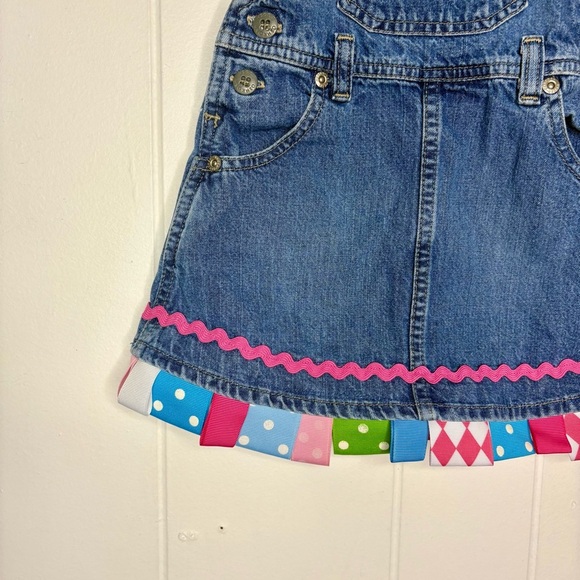 VINTAGE Oshkosh B’gosh 12 Month Baby Denim Overall Dress Girly Ribbons Polka Dot - Picture 3 of 9